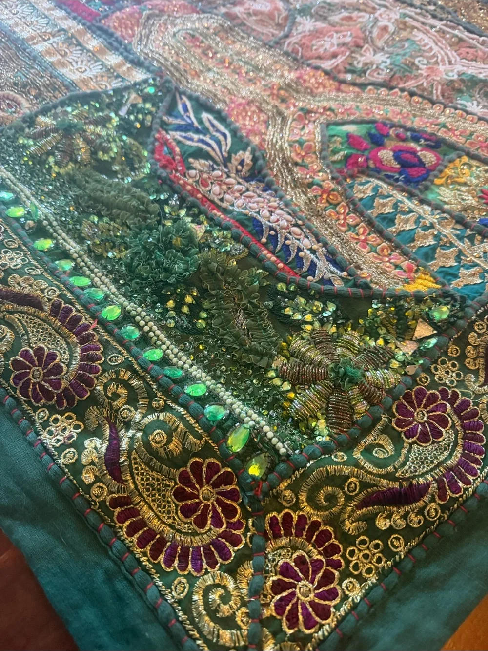 Vintage Green Multicolor Embroidered Tapestry Wall Hanging